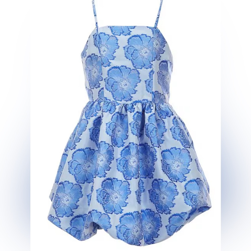 GB Girls Bubble Dress Blue Floral Jacquard Fabric EUC Size 16 Dillards